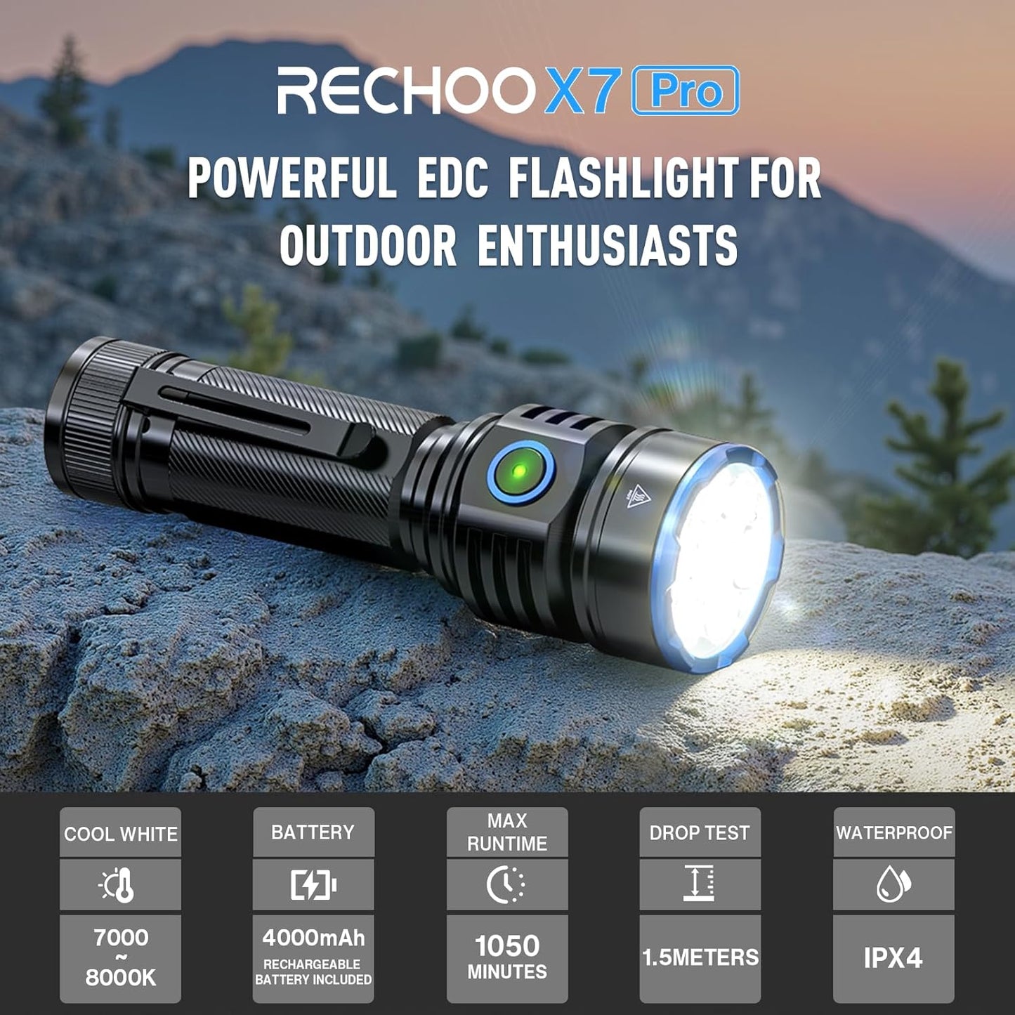 RECHOO Rechargeable Flashlight - Super Bright 7 LED, 3 Lighting Modes, Waterproof | Ideal for Home & Camping