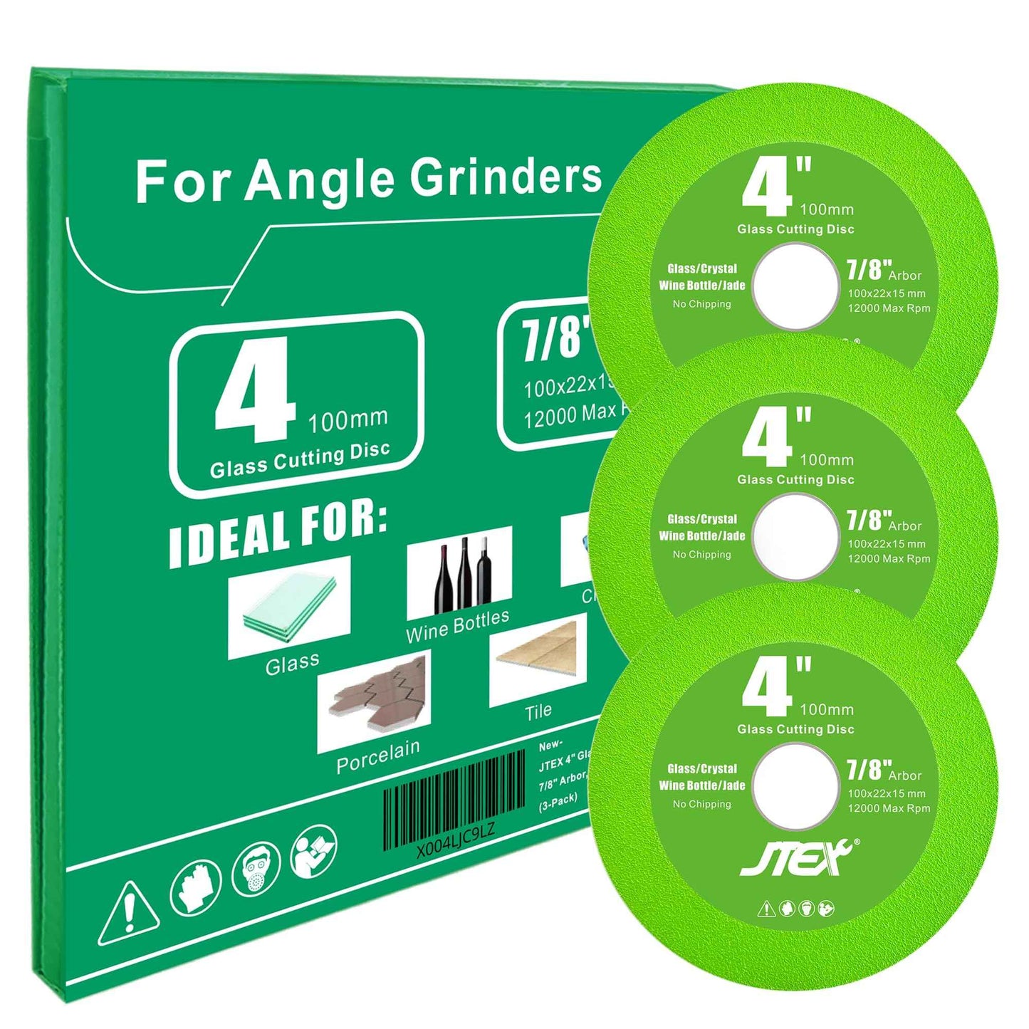 JTEX 4 Inch Ultra-Thin Diamond Glass Cutting Discs (3-Pack) - Suitable for Angle Grinders, Cutting Wine Bottles, Glass, Jade, and More