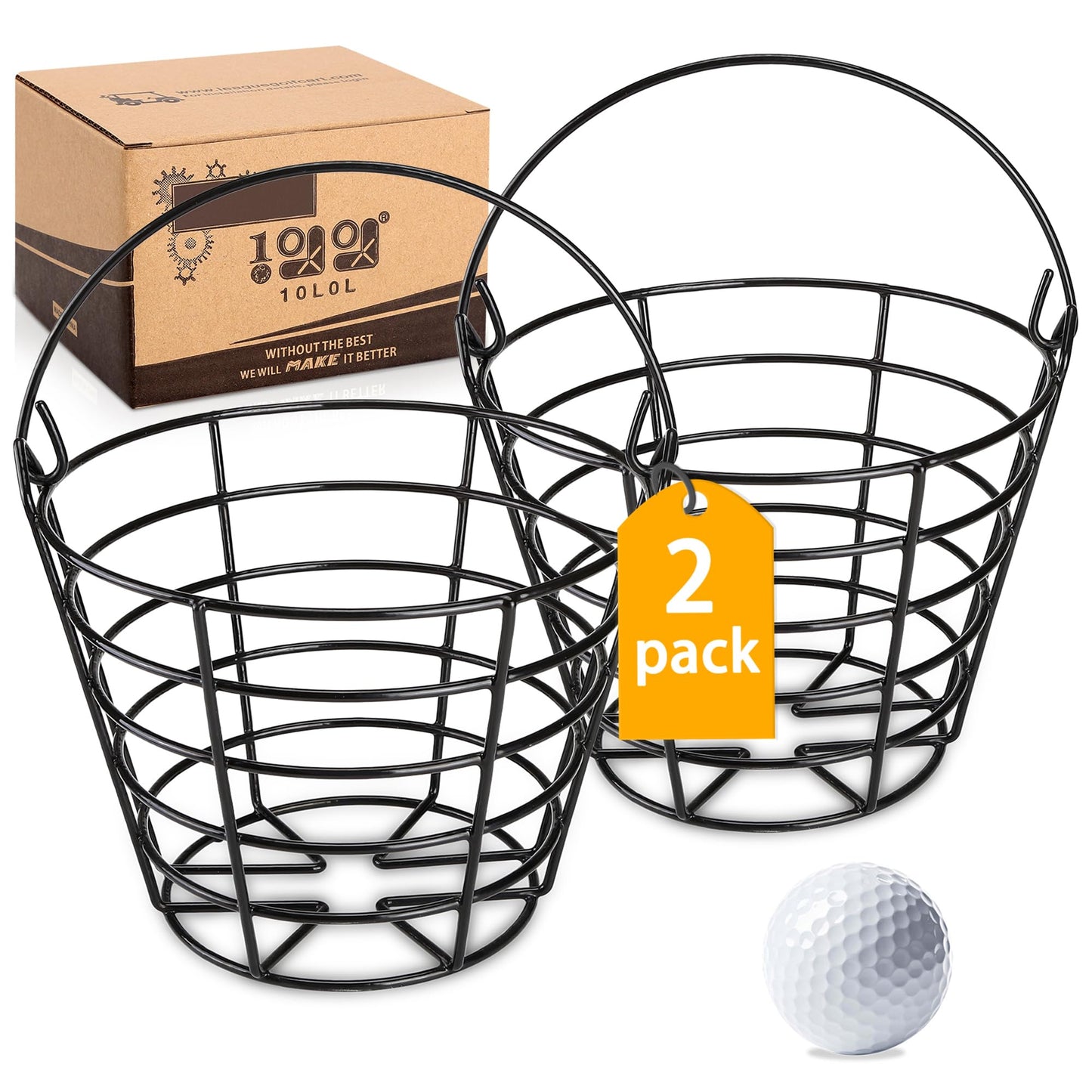 10L0L 2 Pack Metal Range Golf Ball Baskets with Handle, Golf Ball Storage Bucket, Holds 50 Balls Each (Balls Not Included)