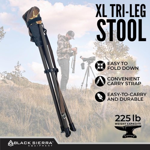 Black Sierra Folding Hunting Stool w/Shoulder Strap Supports 225 lbs, Lightweight Collapsible Tripod Seat, Foldable Steel Frame Chair Perfect for Hunting