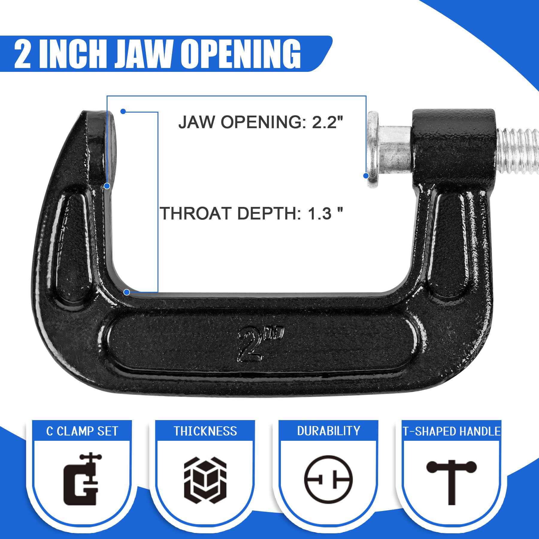 MYFAMIREA 8 Pcs C Clamp 2 Inch Heavy Duty Steel C Clamp Set Cast Iron Frame Sliding T-Handle More Stability Massive Clamps for Woodworking, Welding, Building, Automotive Applications (Black)