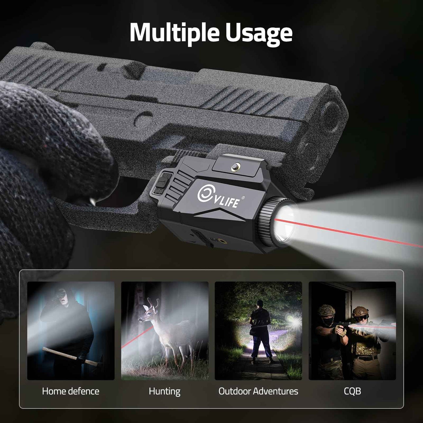 CVLIFE 600 Lumens Pistol Light Laser Combo - Rechargeable Slide Rail Gun Light Compatible with Glock and Picatinny Rail. Tactical Pistol Flashlight with Red Laser for Home Defense