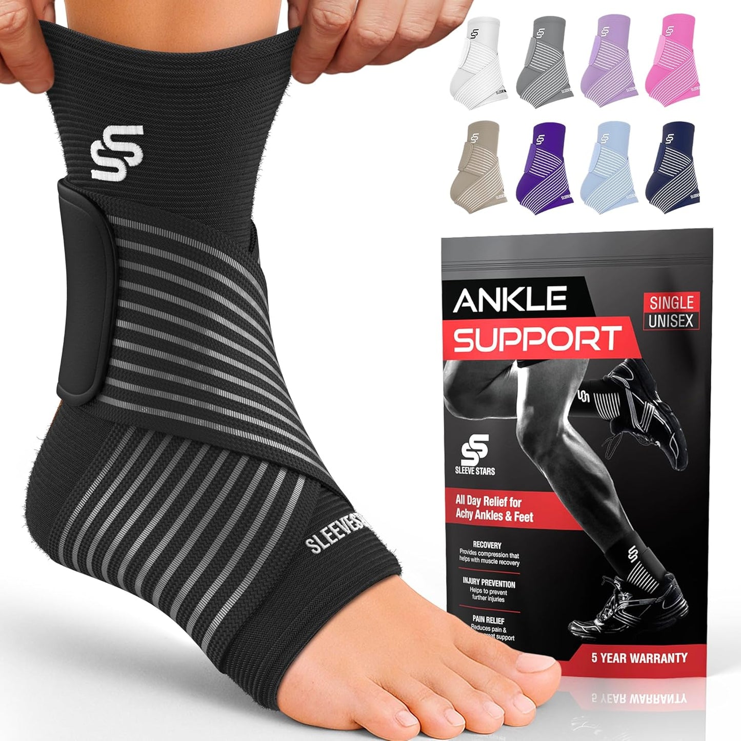 Sleeve Stars Ankle Brace - Adjustable Compression Sleeve with Removable Strap & Turmeric Curcumin Supplement Bundle for Joint Support