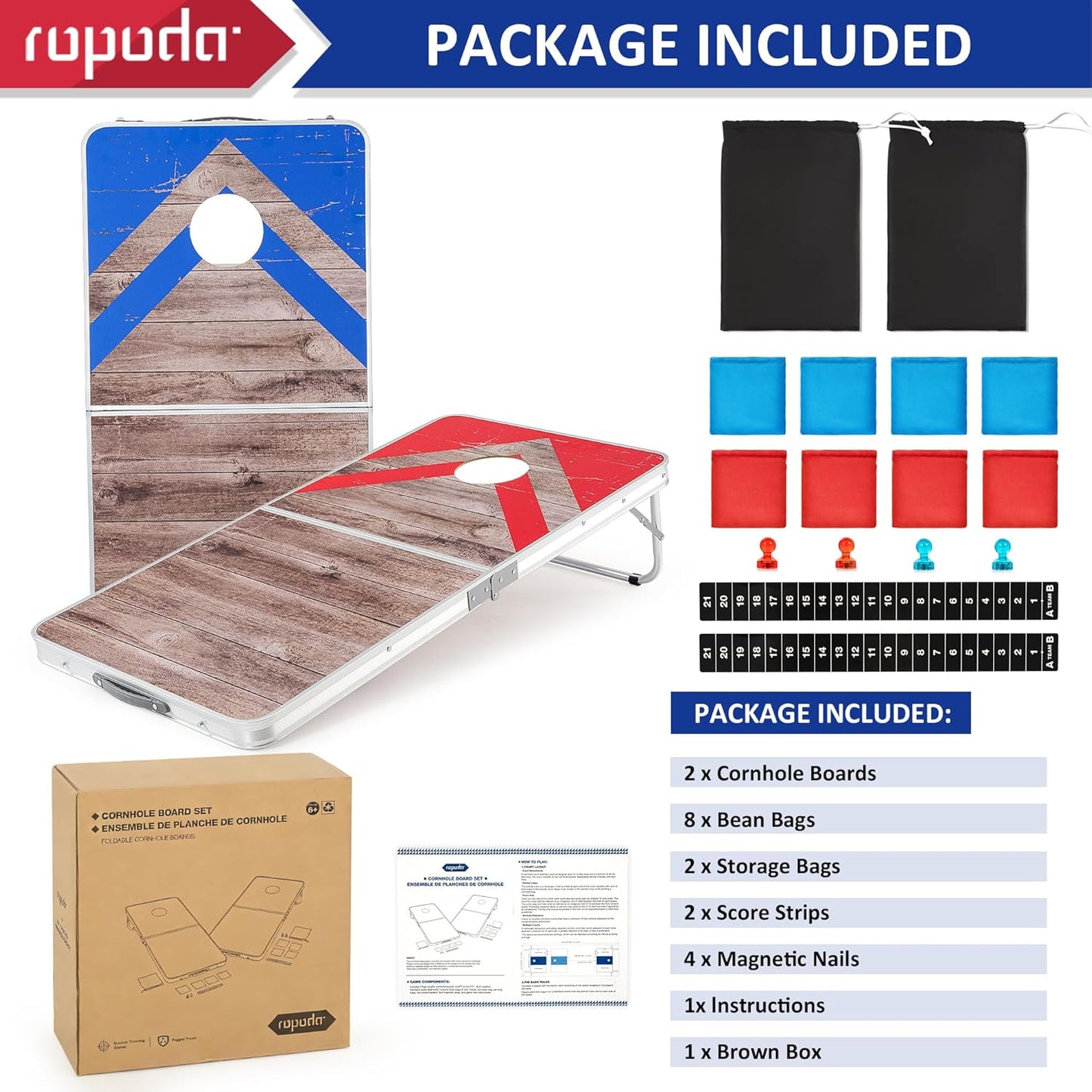 Ropoda Cornhole Board Set - Regulation Size 4x2/3x2 FT | Lightweight Aluminum Edging for Outdoor Fun