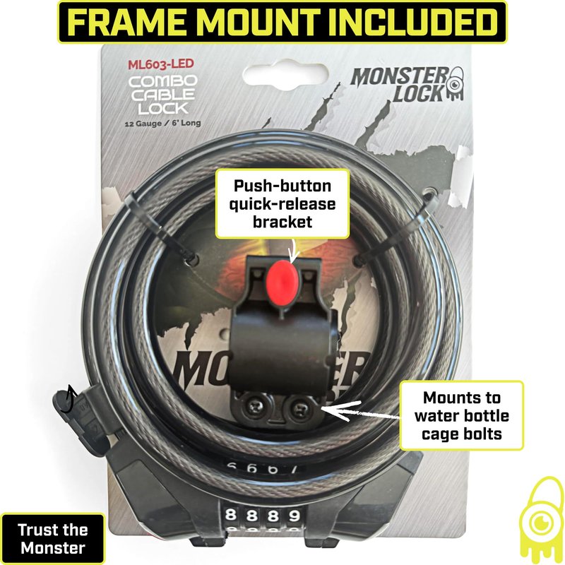 Monster Lock 6-Foot x 12-Gauge Combination Cable Lock with Built-in LED Light – Heavy-Duty Bike, Gate, and Outdoor Security Lock – Trust The Monster … Unbeatable Security