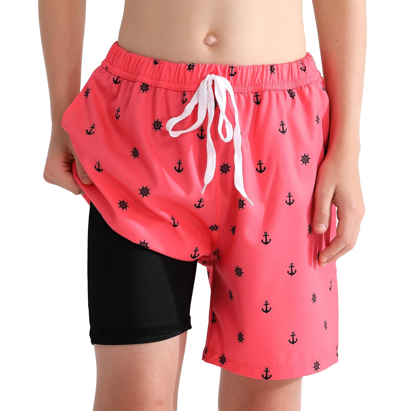 HOOGRIN Youth Boy Bathing Suit with Compression Liner Trunks Teen Boy Swim Trunks Swimming Shorts,Pink Anchor,8 Years