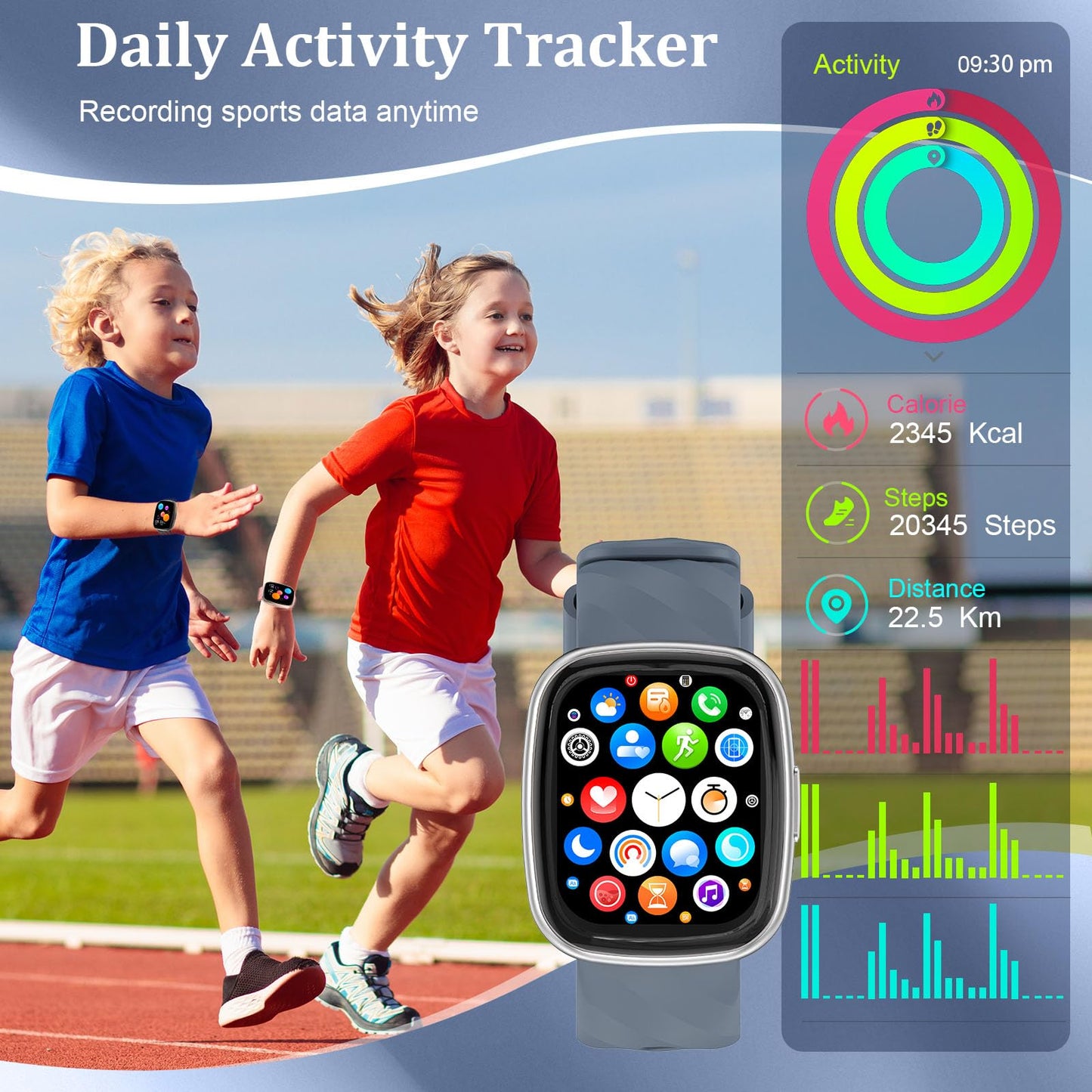 AXYWINBO Smart Watch for Kids-Watches for Girl boy Teens IP68 1.75" Fitness Tracker with Heart Rate Sleep Monitor Pedometer Alarm Clock Games-Kid Sport Watch for 4-14 Ages Girls boy Gift Silver