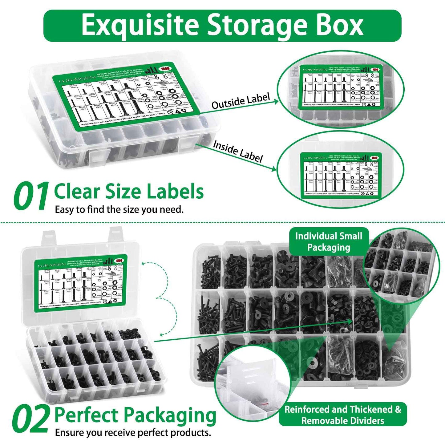Metric Screws Suitable for 3D Printer DIY, 1500PCS M2 M3 M4 M5 M6 Screw and Nut Assortment Hex Socket Flat Head Cap 10.9 Grade Alloy Steel, Black Zinc Plated Metric Bolts and Nuts Assortment Kit