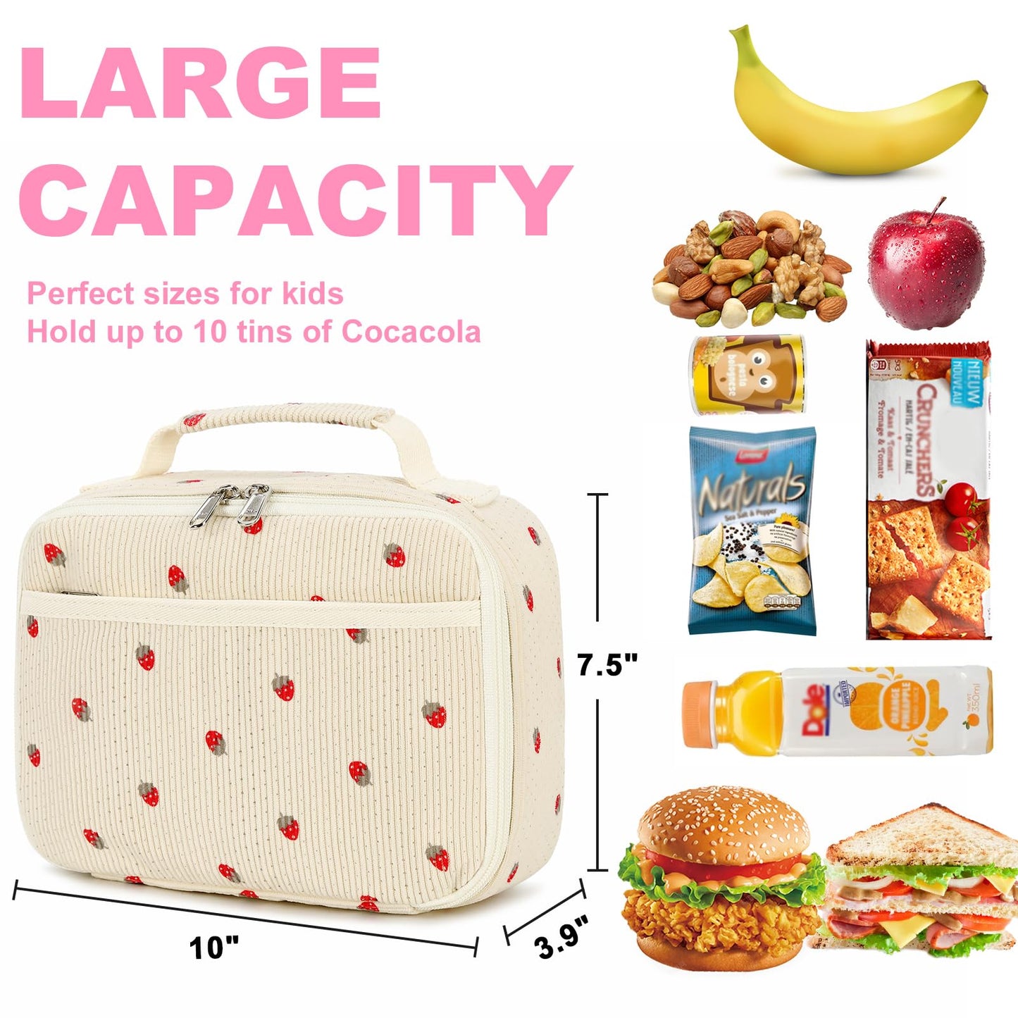 Bluboon Insulated Lunch Bag for Girls & Boys, Corduroy School Lunch Box with Cooler & Organizer Compartments, Leak-Proof Lunch Tote for School, Travel (Corduroy Strawberries Beige)