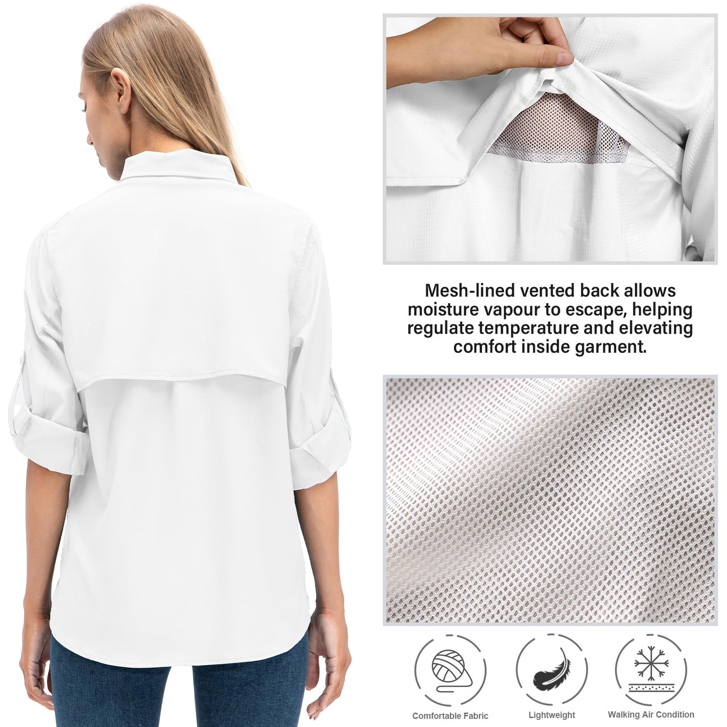 Womens Safari Shirts Long Sleeve Outdoor Sun Protection Quick Dry Fishing Hiking Shirts (5026 White S)