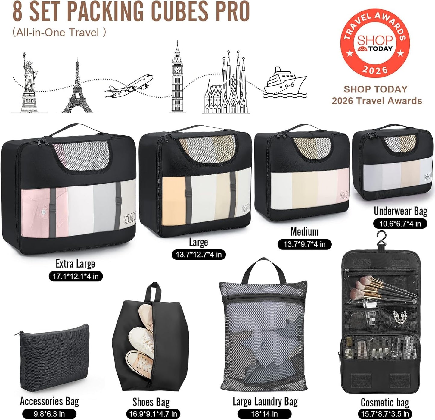 Veken Packing Cubes - Travel Organizer Bags Set with Laundry Bag & Passport Holder | 4 Sizes for Carry-On Luggage