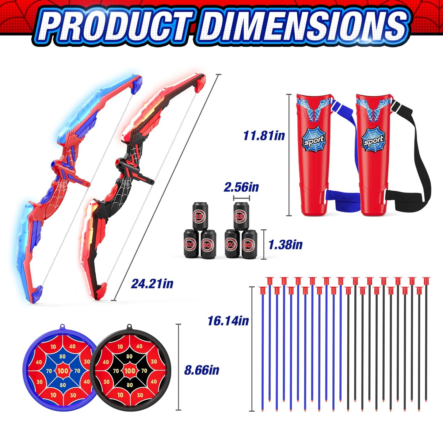 HYES 2PCS Bow and Arrow for Kids, LED Light Up Archery Set with 24 Suction Cup Arrows, 2 Hanging Target, 6 Score Targets & 2 Quiver, Indoor Outdoor Sport for Boys Girls Ages 4-12