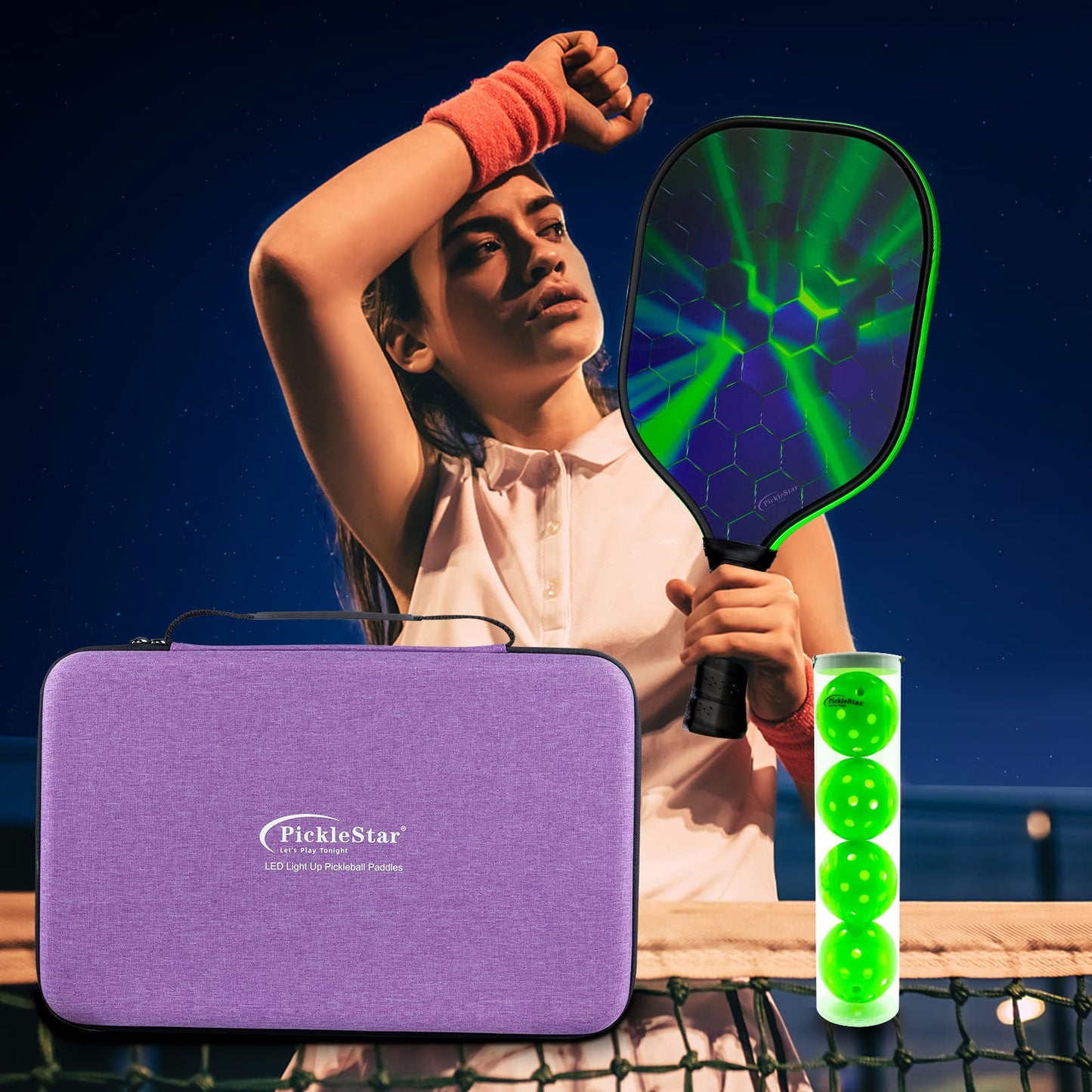 PickleStar LED Light Up Pickleball Balls, Offcial Size Outdoor 40 Holes Green PickleBalls with Green Light 4 Pack LED Light Up Pickle Balls, 6 Batteries Included, for Pickleball Lovers