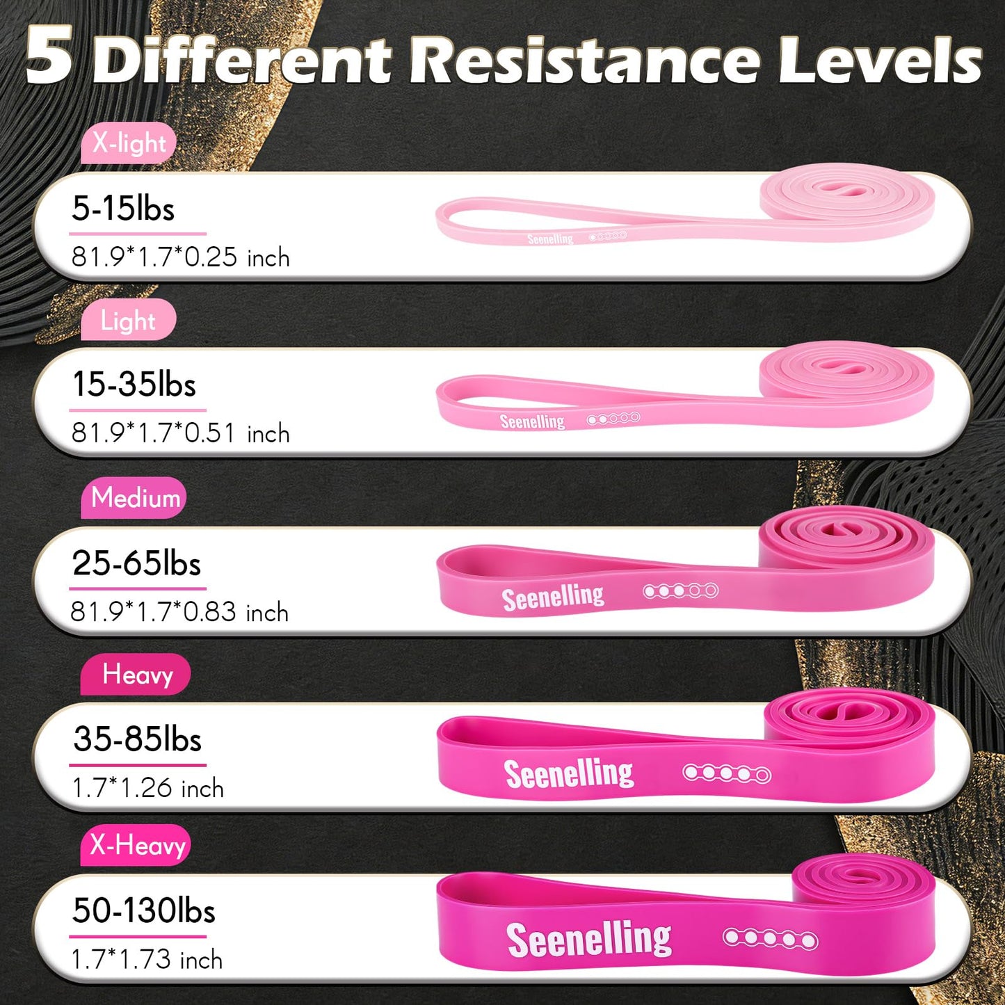 Seenelling Resistance Bands for Exercise Working Out, 5-Level Pull-Up Assistance Full-Body Training Bands for Women Men Home Workouts, Physical Therapy, Strength Training (Rose Pink)