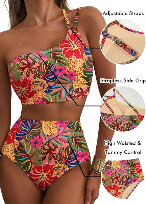 Herseas Women's High Waisted Bikini Set - One Shoulder Floral Print | Tummy Control 2 Piece Swimsuit