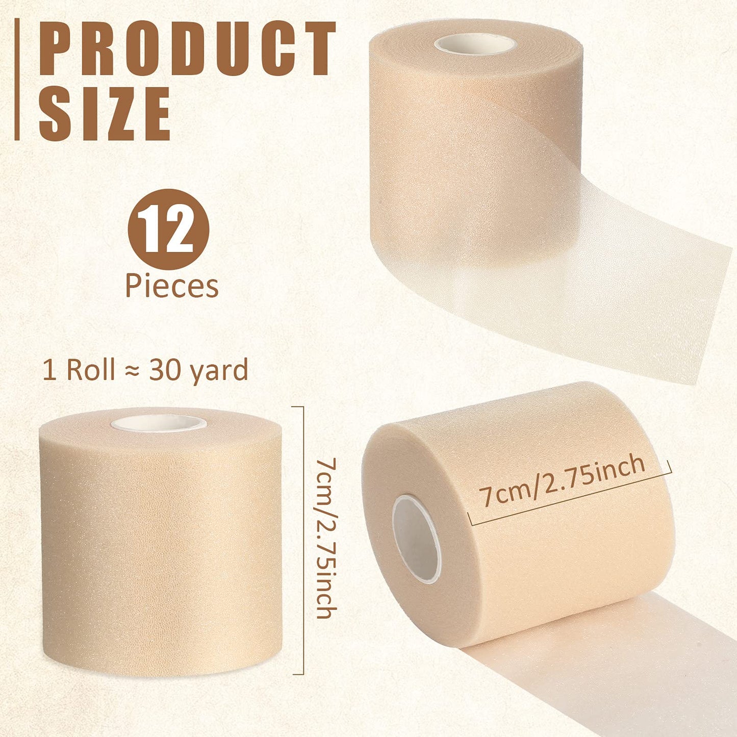 Sumind 12 Rolls Pre Wrap Athletic Tape Bulk Underwrap Athletic Tape Foam Sports Wrap for Wrists Hands Ankles Knees Headbands Soccer Football Baseball Gymnastics Fitness(Skin Color)