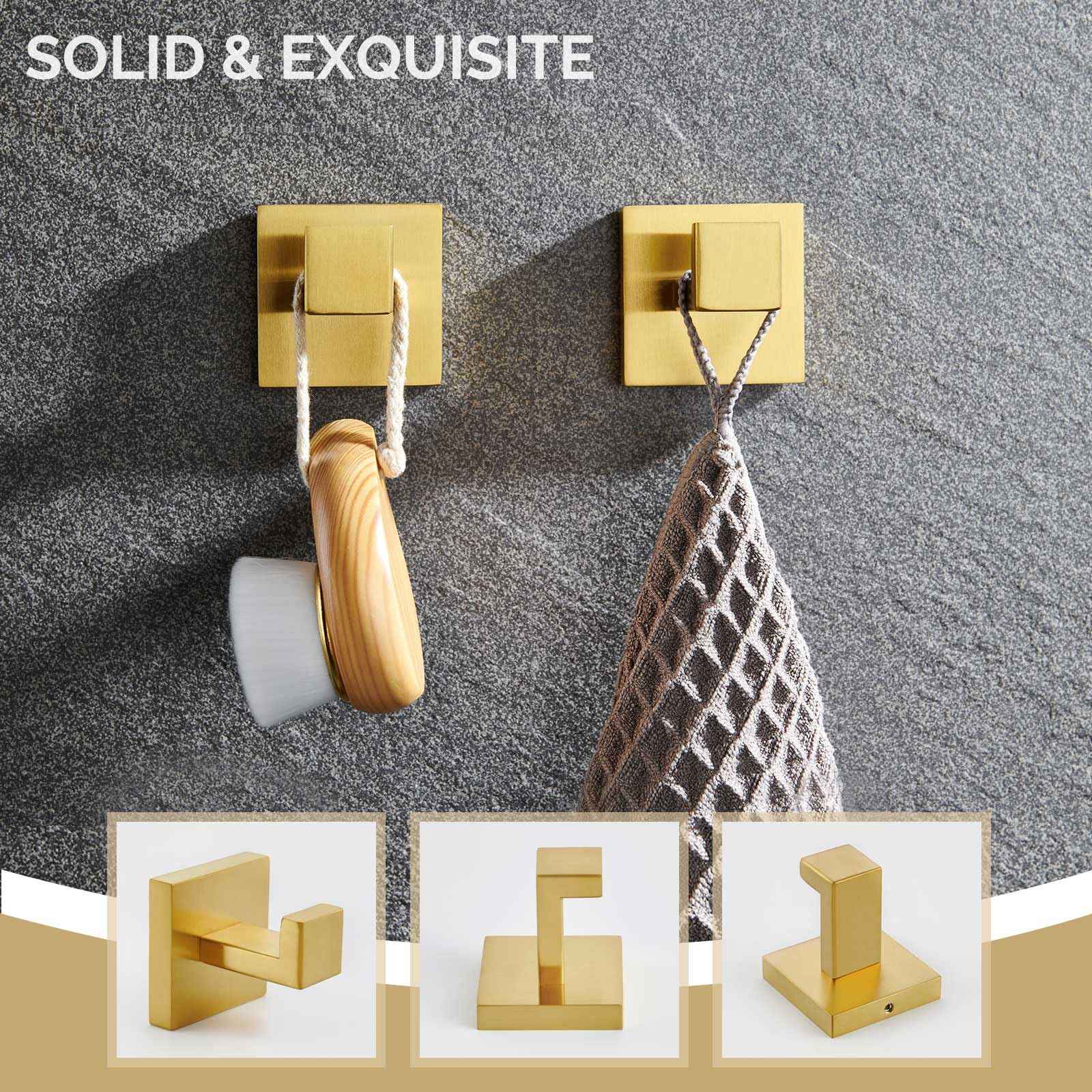 Angle Simple Towel Hook Brushed Gold 2 Pack, 304 Stainless Steel Square Robe Hook for Bathroom