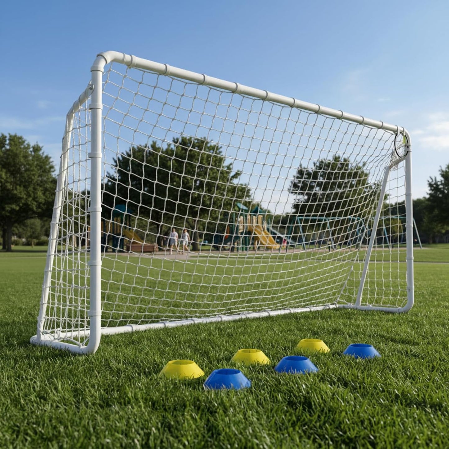 Metal Soccer Goal by [Brand Name] - Rust-Proof Frame with PE Net & Training Cones | 8x6, 12x6, 16x7 FT Sizes