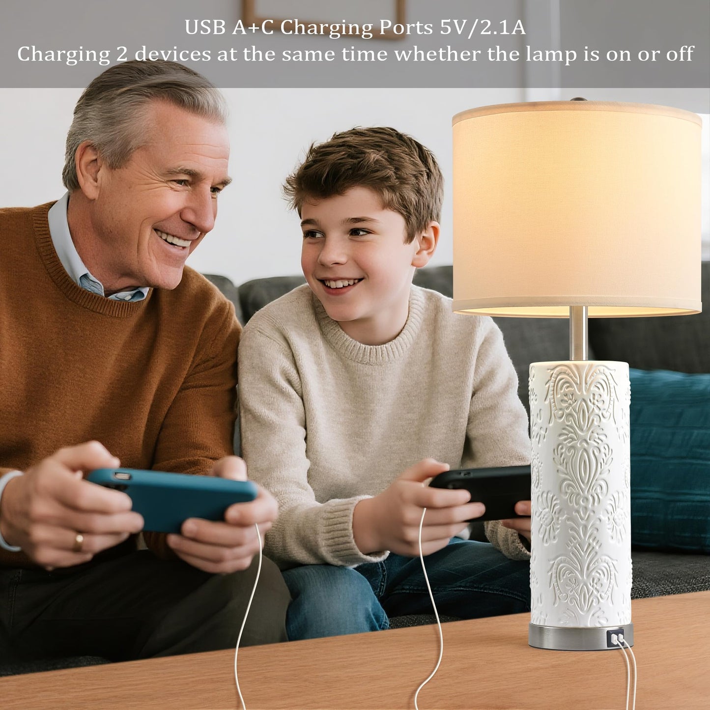 SRJJA 28" Modern White Ceramic Table Lamps Set of 2 for Living Room, Farmhouse 3-Way Dimmable Touch Bedside Lamps with USB A+C Ports for Bedroom Nightstand, 2 Bulbs Included