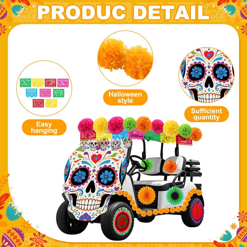 Suncalla 25 Pcs Day of the Dead Golf Cart Decorations Dia De Los Muertos Car Decoration Marigold Garland Mexican Party Banners Pom Poms Hanging Paper Fans for Halloween Golf Cart Party Decor