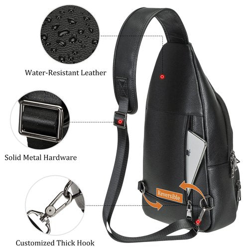 Polare Cowhide Italian Leather Sling Chest Shoulder Bag Waterproof Anti Theft Crossbody Casual Daypack (Black)
