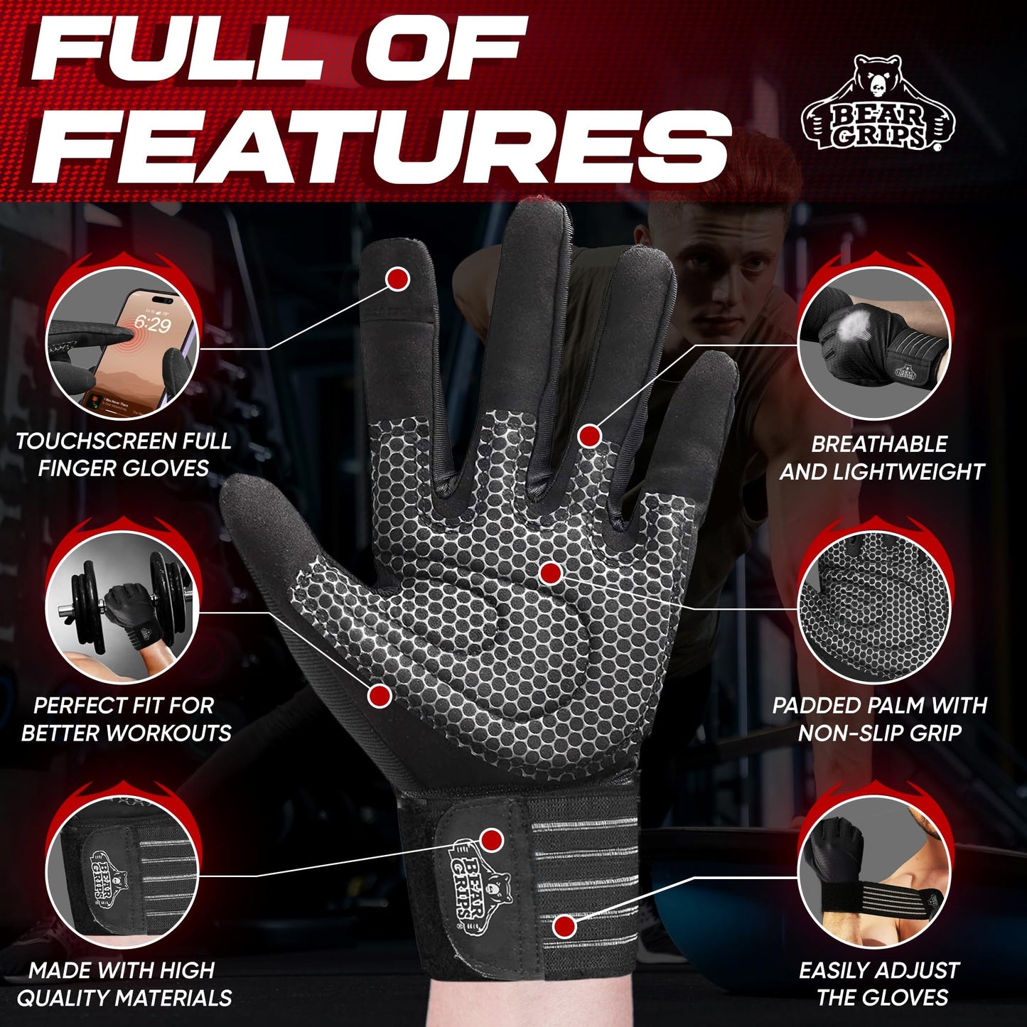 Bear Grips Weight Lifting Armor Gloves for Men & Women | Full Finger Lifting Armor & Workout Gloves (Black-Full Finger, Large)