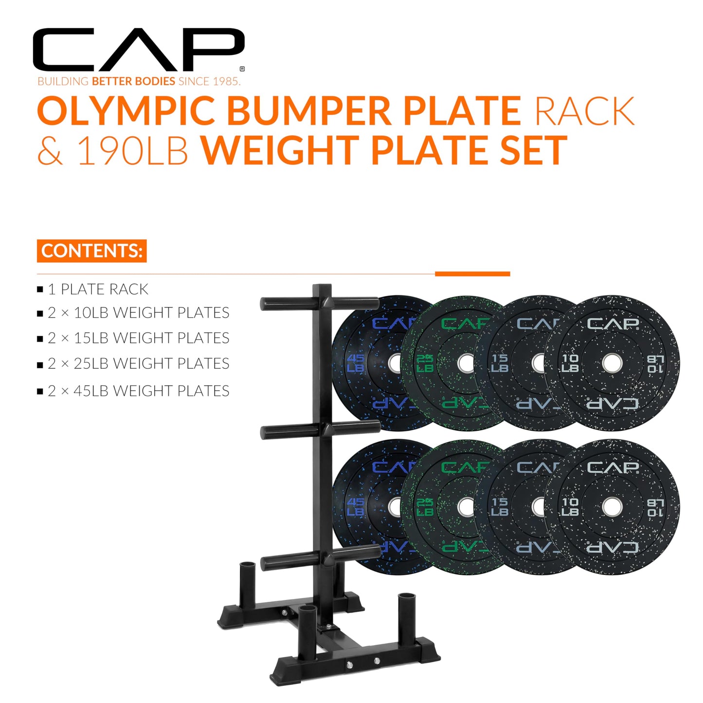 CAP 190 lb Economy Speckled Olympic Bumper Plate Set with Storage Rack, 2-Inch Olympic Plates, Medium Bounce Rubber Weight Plates with Steel Hub, 6 Weight Posts & 4 Barbell Holders for Weightlifting, Strength Training & Home Gym Workouts