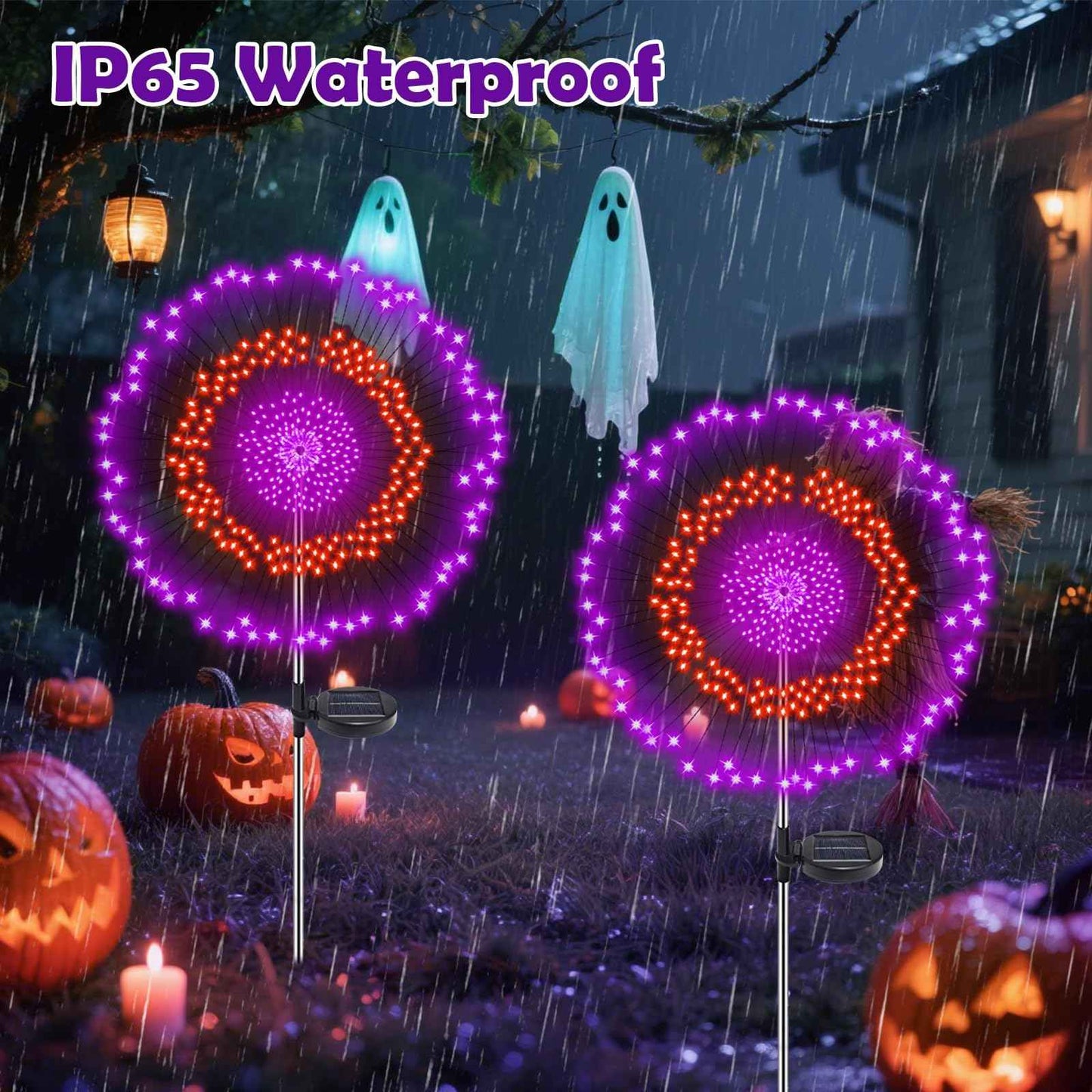 2 Pack Solar Halloween Lights Outdoor, 360 LED Orange & Purple Waterproof Solar Firework Lights with 8 Lighting Modes & Timer for Garden Yard Patio Pathway Spooky Outside Halloween Decorations