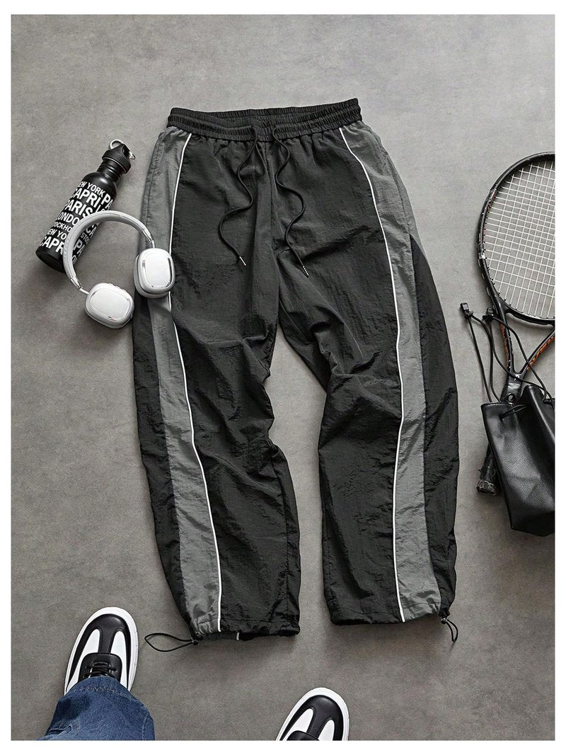 SHENHE Men's Y2k Wide Leg Color Block Baggy Parachute Pants Hip Hop Track Trousers Streetwear Black X-Large