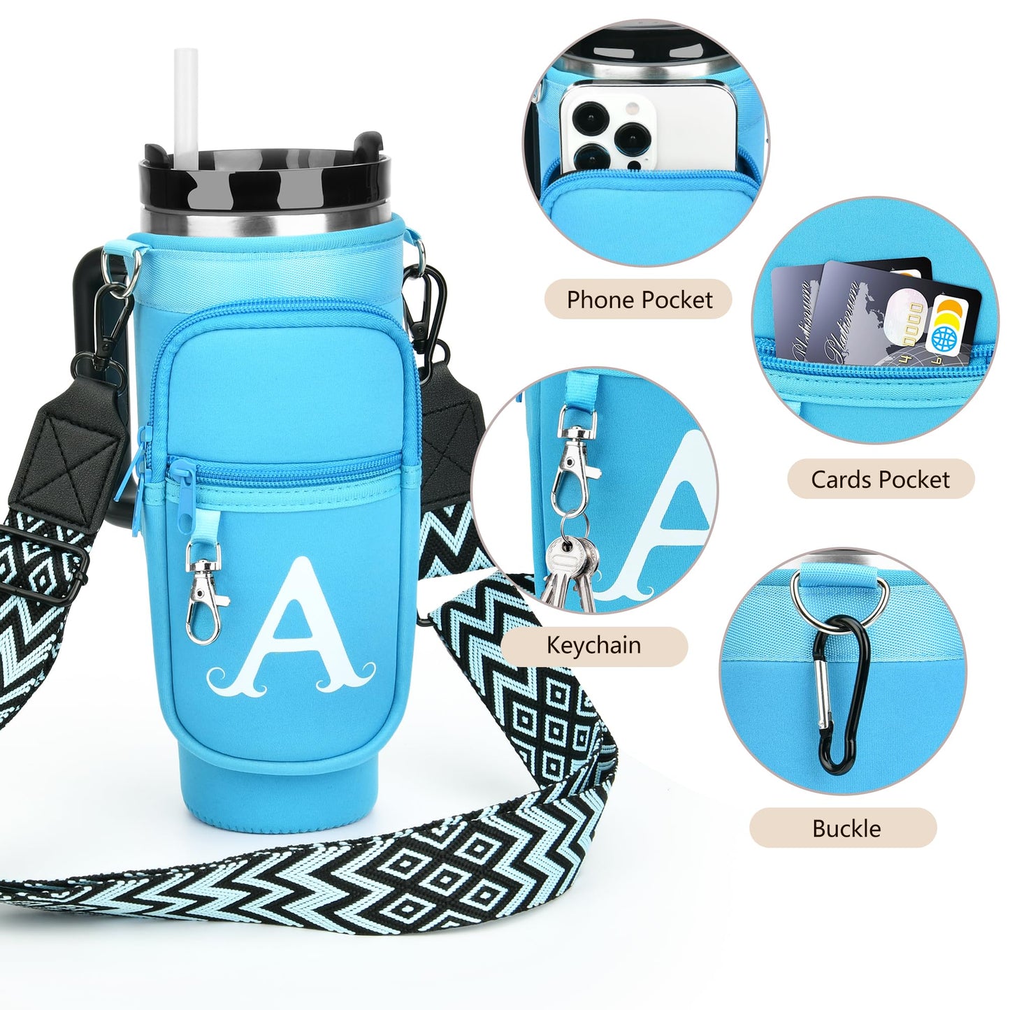 LOKASS Personalized Water Bottle Holder with Strap for Stanley Cup Accessories 40 oz, Initial for Stanley Cup Holder Carrier Bag with Phone Pocket, Hands-Free Tumbler Carrier for Travel Gym Walkin