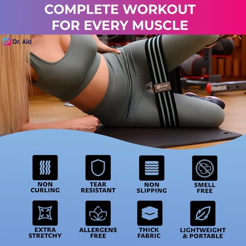 Dr. Aid Fabric Resistance Bands for Women & Men – 4 Booty Bands Set (2 Sizes, 2 Tension Levels) – Non-Slip, Non-Curl, Tear-Resistant, Extra Stretchy Workout Bands for Legs, Hips, Glutes & Butt