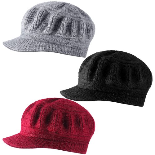 Mepase 3 Pieces Women Warm Hat for Winter Slouchy Beanie Cap with Visor Knitted Newsboy Hats for Women Ski Snow(Burgundy, Gray, Black)