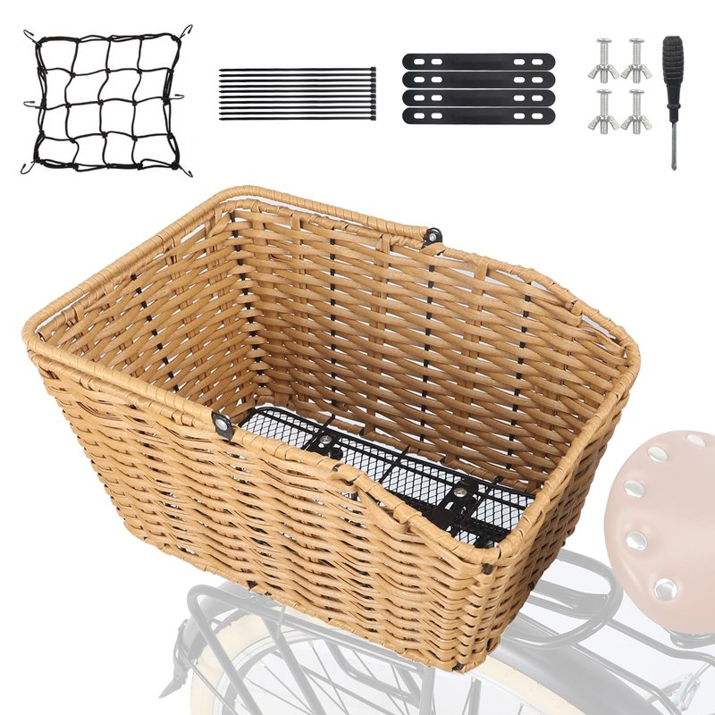 MEGHNA Bike Basket Woven Portable Rear Bicycle Basket with Protection Net Detachable Bike Rack Basket Bike Storage for Rear Rack of Most Kinds of Bike (Wood - with Net)
