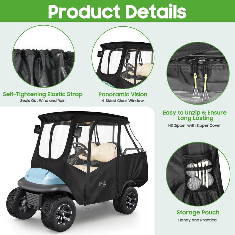 10L0L Golf Cart 4 Passenger Enclosure for Club Car Precedent Short Roof 57.5" Deluxe 600D Golf Cart Heavy Duty Rain Cover with 4 Zipped Doors Clear PVC Windows (Black)
