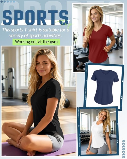 Locoowai Women's Workout Shirts - V Neck Quick Dry UV Protection Tee | 5 Pack, Short Sleeve, Curved Hem