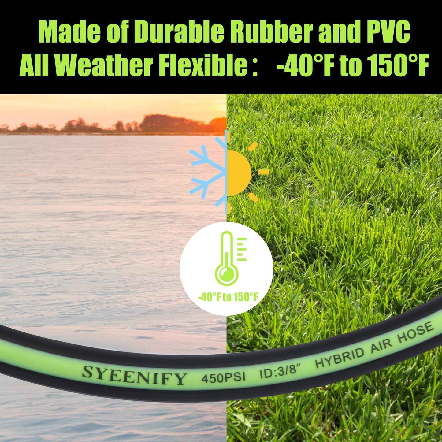 SYEENIFY Air Hose 3/8 in x 10 ft, Thickened 5 Layers Heavy Duty, Kink Resistant, 450PSI Hybrid Air Compressor Hose All-Weather Flexibility with 1/4" Industrial High Flow Quick Brass Coupler and Plug