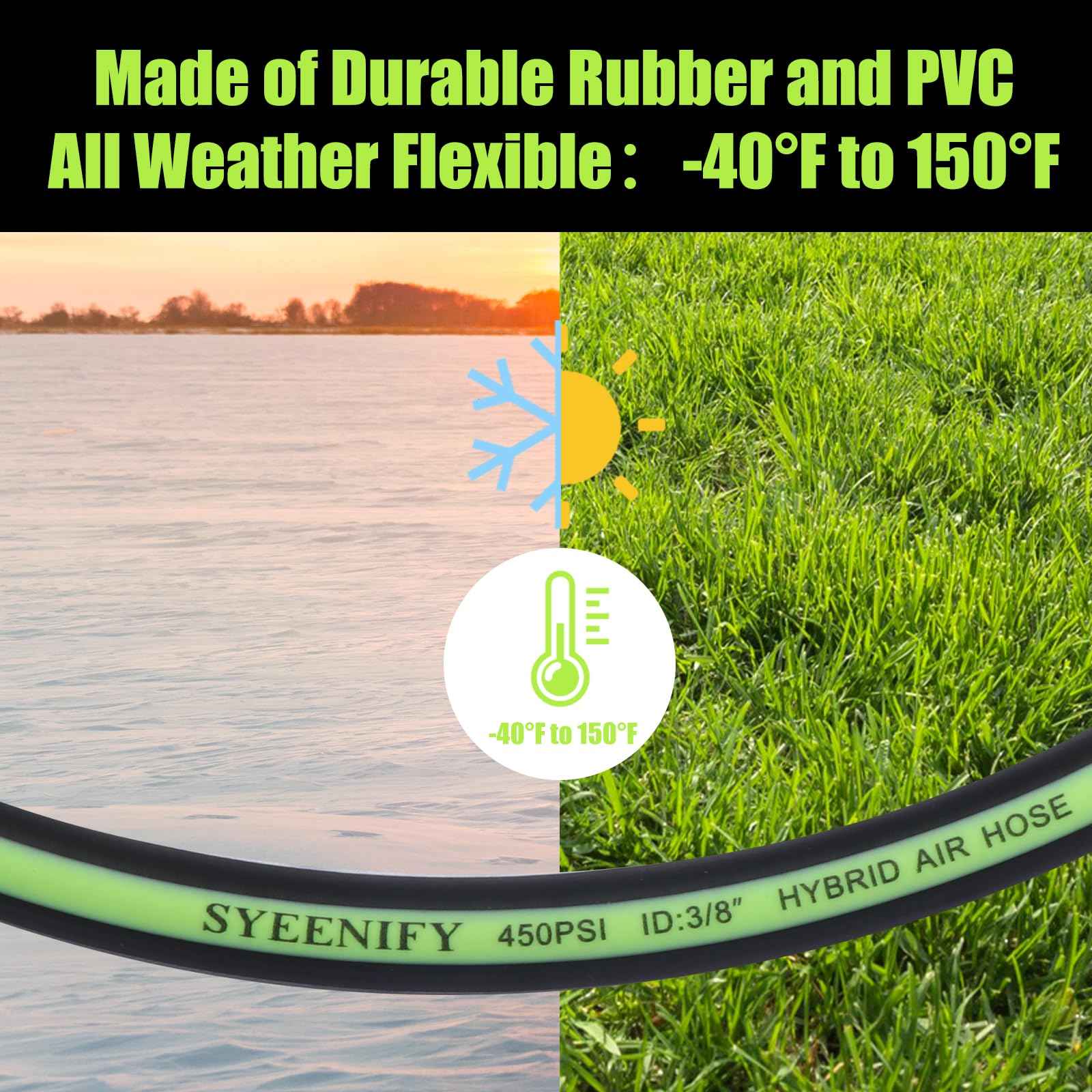 SYEENIFY Air Hose 3/8 in x 10 ft, Thickened 5 Layers Heavy Duty, Kink Resistant, 450PSI Hybrid Air Compressor Hose All-Weather Flexibility with 1/4" Industrial High Flow Quick Brass Coupler and Plug