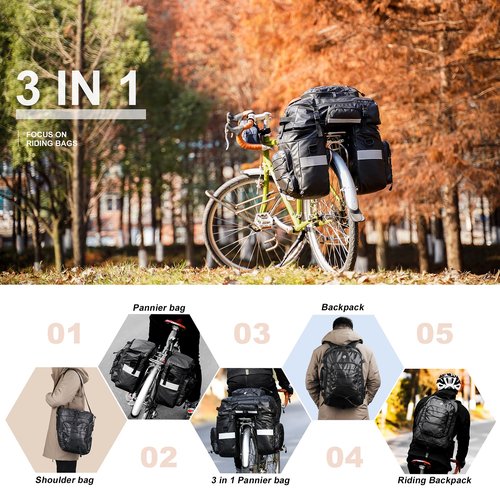 HUNTVP Bike Bag Bike Pannier Bag 3 in 1 Rack Saddle Bag Backpack Rear Seat Bag Shoulder Bag Laptop Pannier Cargo Rack Bicycle Bag with Rain Cover (Black)