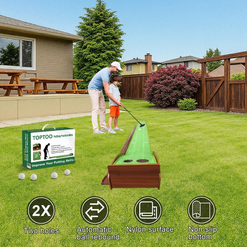 Toptoo Golf Putting Mat with Ball Return, Practice Golf Putting Green Training Aid for Indoor, Outdoor at Home, Office, Backyard with Putter and 5 Balls 9.84 ft