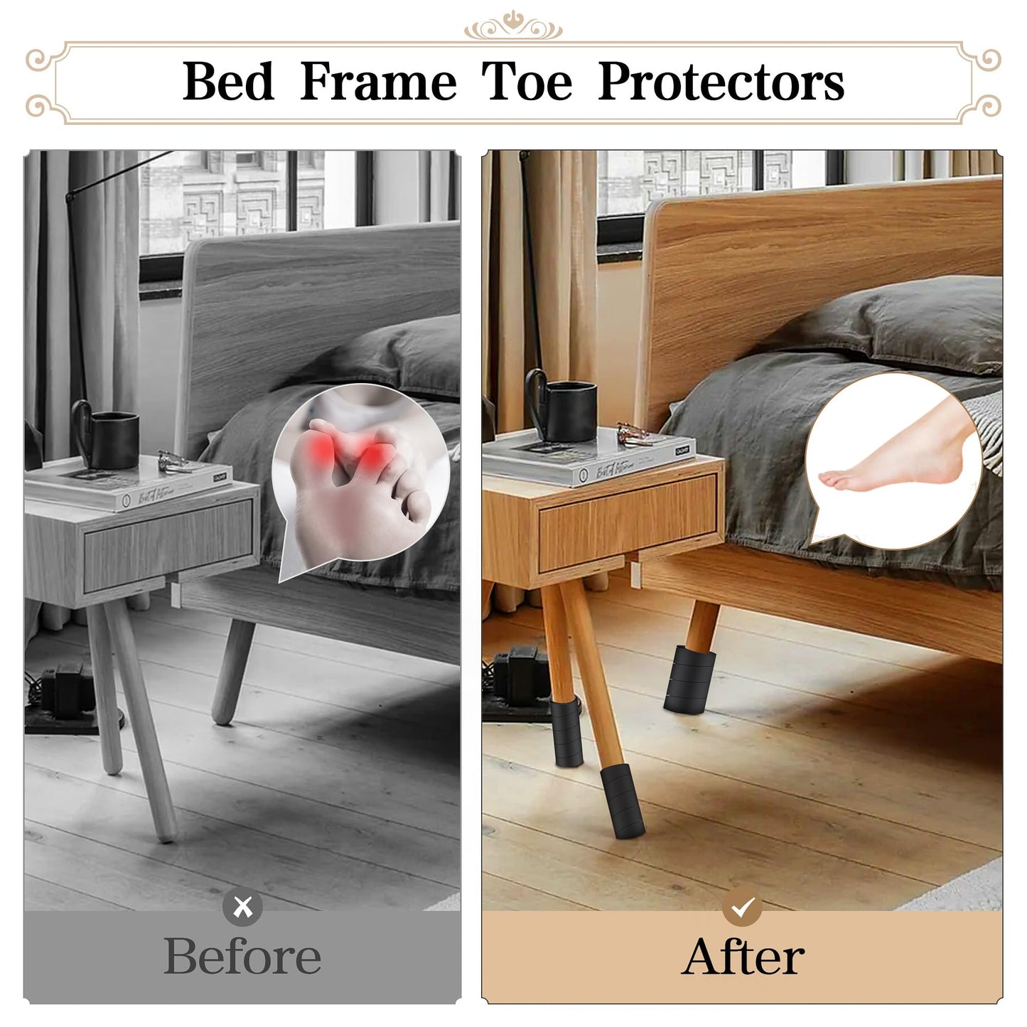 YUEYIN 4 Pcs Adjustable Bed Frame Toe Protectors, Bed Frame Leg Covers, for Protectors Toes from Collision with Bed and Furniture Leg, Thicker and More Flexible, Black