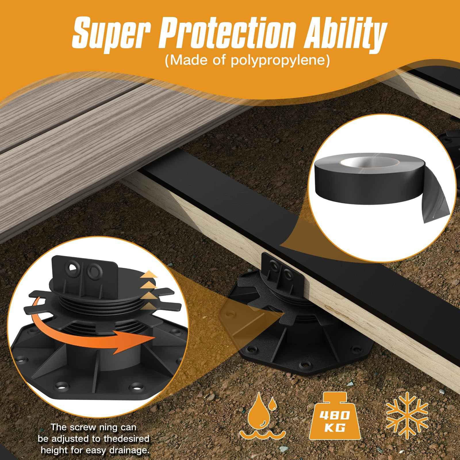 DECKIT 6 Pack Adjustable Deck Support Pedestal, High Load Deck Supports/Deck Blocks/Deck Support Blocks/Deck Footing for Floating Deck Platform & Floor Height Adjustment (1-3/16" to 2-3/8")