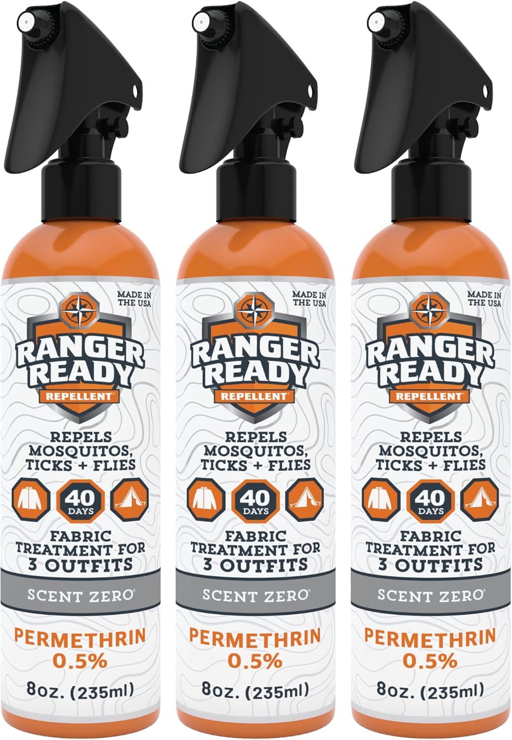 Ranger Ready Permethrin Spray - Effective Insect & Tick Repellent for Clothes | Scent Zero (8oz, Pack of 3)