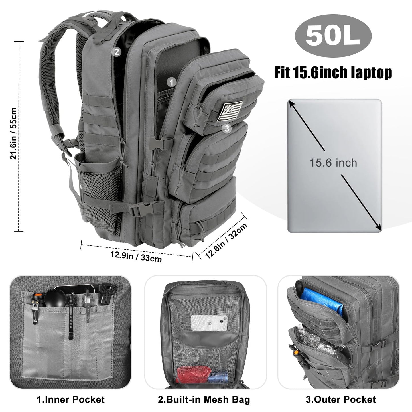 kookoomia Military Tactical Backpack 50L Large Day Backpack for Men Molle Army 3 Days Assault Pack Bug Out Bag Water Resistant and Heavy Duty Hiking Treeking Rucksack - Grey