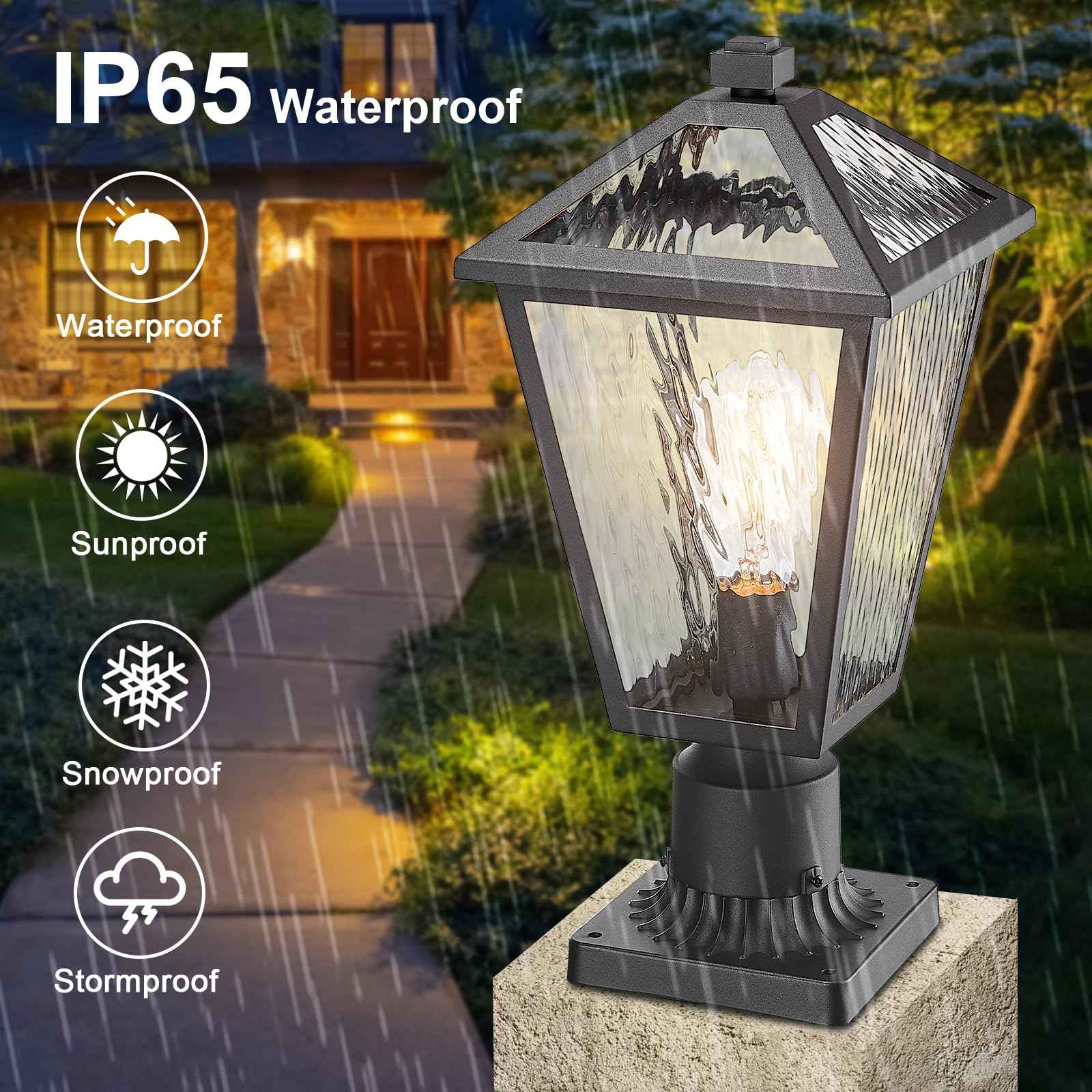 Luminzone Outdoor Post Lights with Water Ripple Glass, Modern Waterproof and Anti-Rust Aluminum Pillar Outside Lighting for Garden, Driveway, Patio, Porch, Garage, Black, Medium