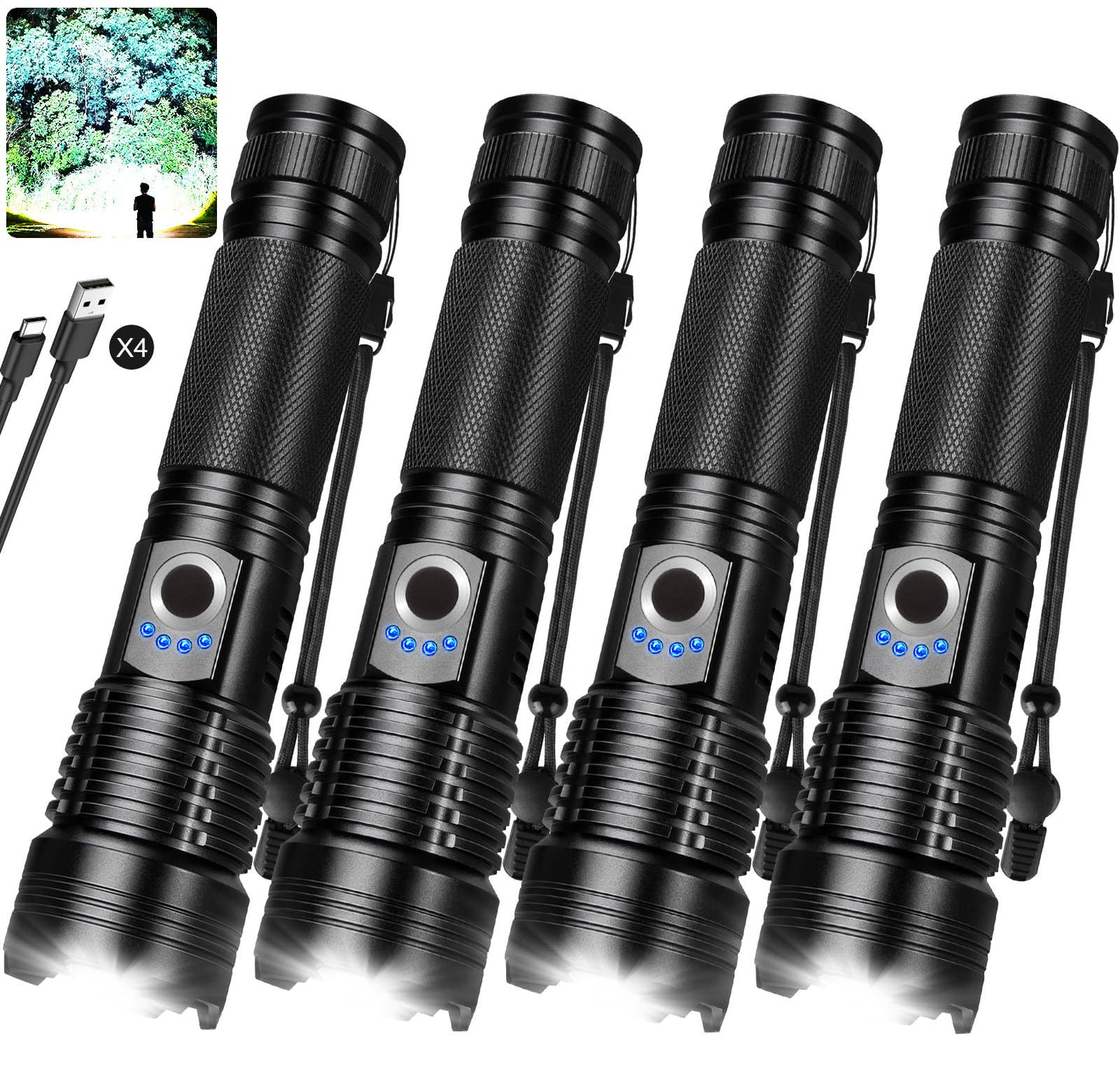 VVBE Rechargeable Flashlights High Lumens 4 Pack, 990,000lm Super Bright LED Flashlight, Adjustable Focus, 5 Modes, IPX6 Waterproof Powerful Flash Lights for Camping Home Outdoor