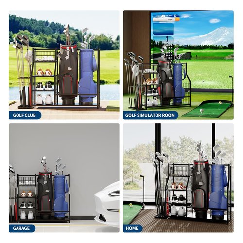 GarveeLife Golf Bag Organizer, Sports Equipment Organizer, Sports Organizer for Garage, Golf Bag Stand for Garage with Baskets, Hooks