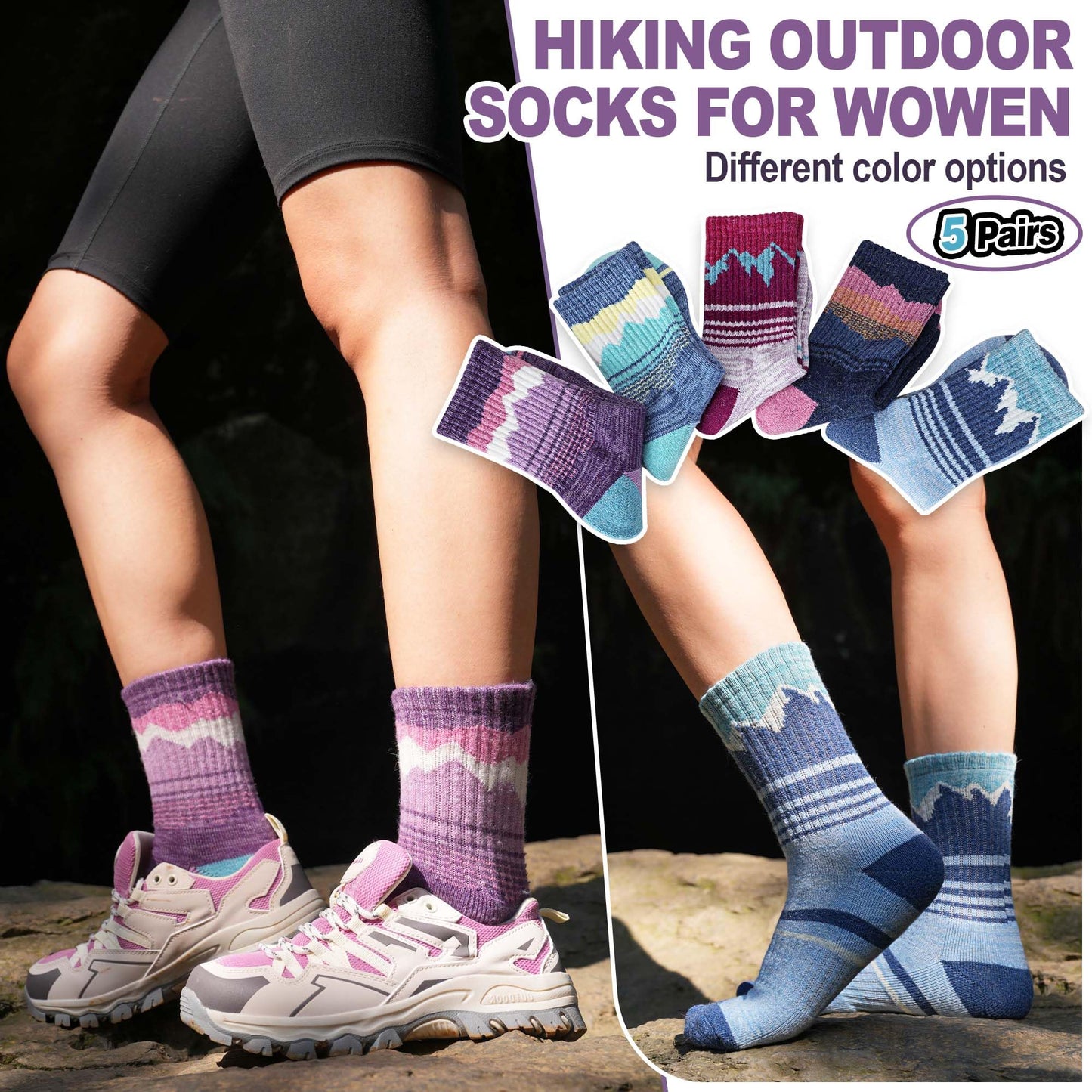 Sandsuced Womens Merino Wool Hiking Socks Thermal Winter Warm Cozy Outdoor Crew Socks 5 Pairs Gift Stocking Stuffers(Purple/Blue/Dark Blue/Rose Pink/Light Blue，M)