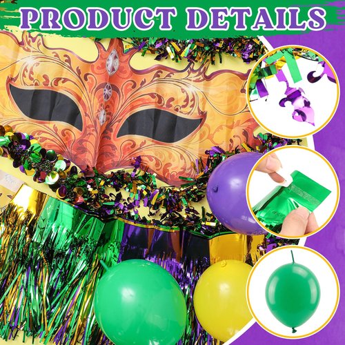 68 Pcs Mardi Gras Golf Cart Parade Float Decoration Kit 60 Pcs Balloons 4 String Wire Garland 2 Banners Mardi Gras Fan Shaped Hanging Flag Cloth Mask with Flag for Golf Cart Accessories