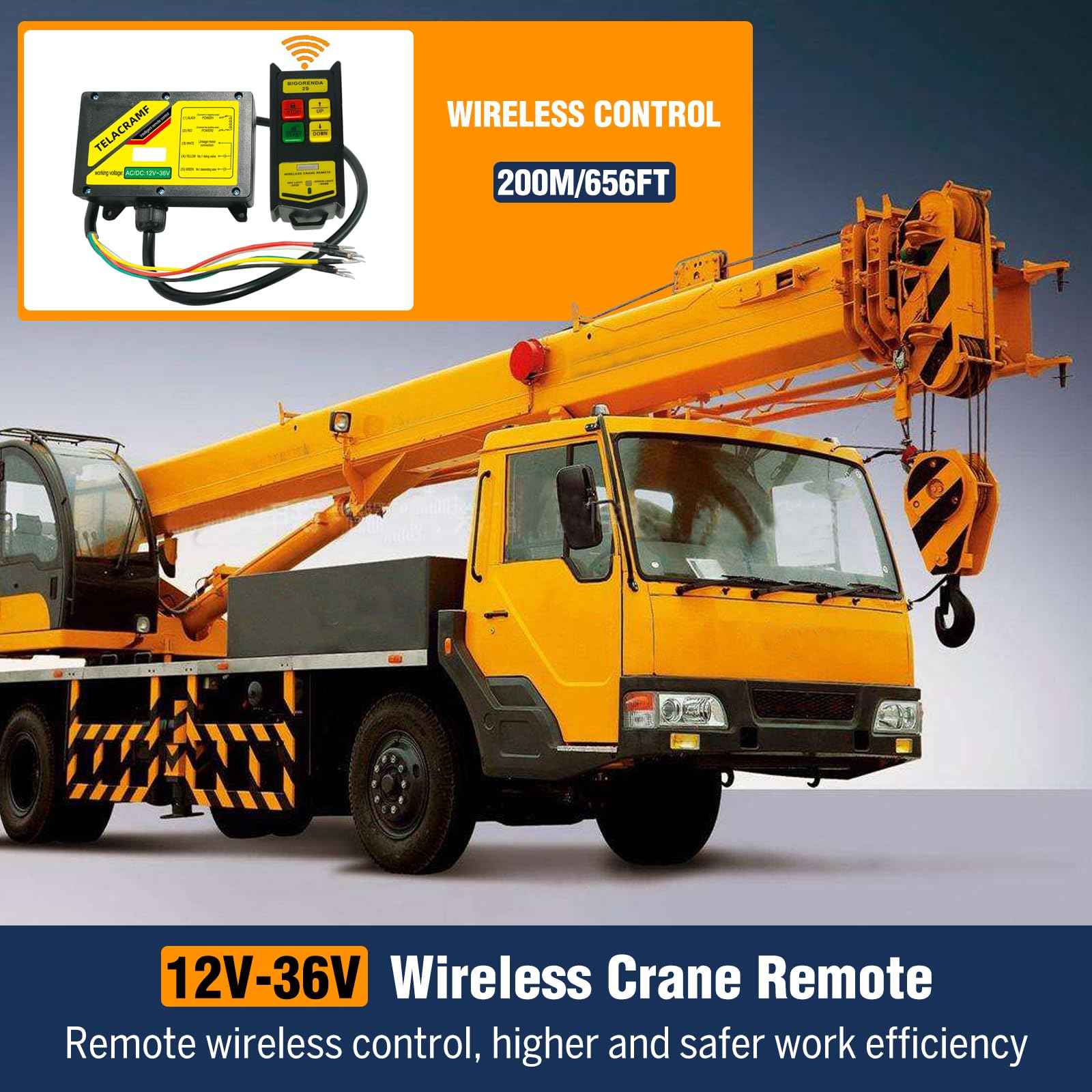 Bigorenda Wireless Crane Remote Control 12-36V,656FT Wireless Control,Dump Trailer Wireless Remote Control kit Industrial Crane Controller Hoist Truck Crane UpDown Switch Control with Emergency Stop