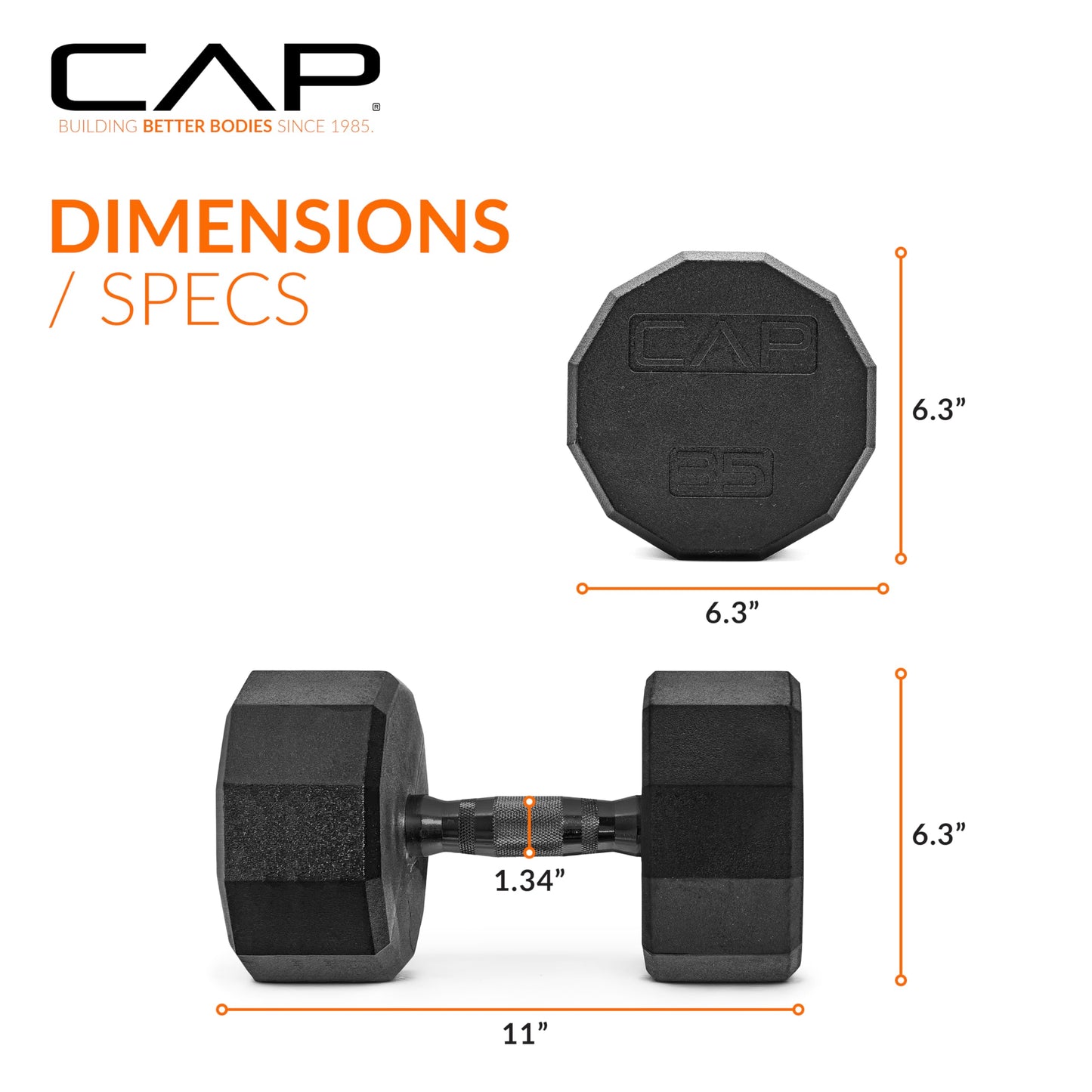 CAP 35 LB 12-Sided Rubber Coated Dumbbell Weight, Rubber Free Weights for Home Gym Strength Training, Black Oxide Handle, Pair